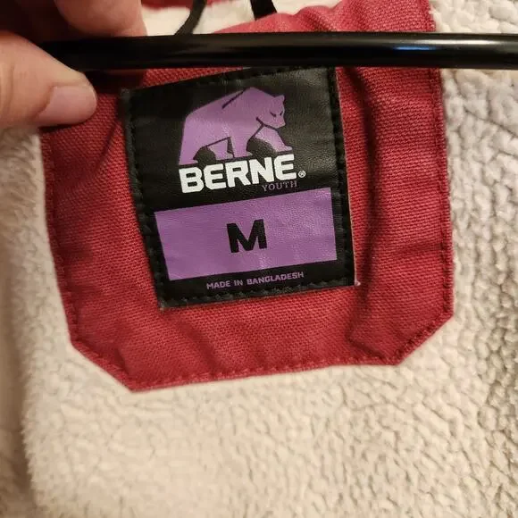 BERNE Duck Canvas Jacket Youth Medium R 10-11 Pink Sherpa Lined Hood Pocket Barn - Picture 4 of 12